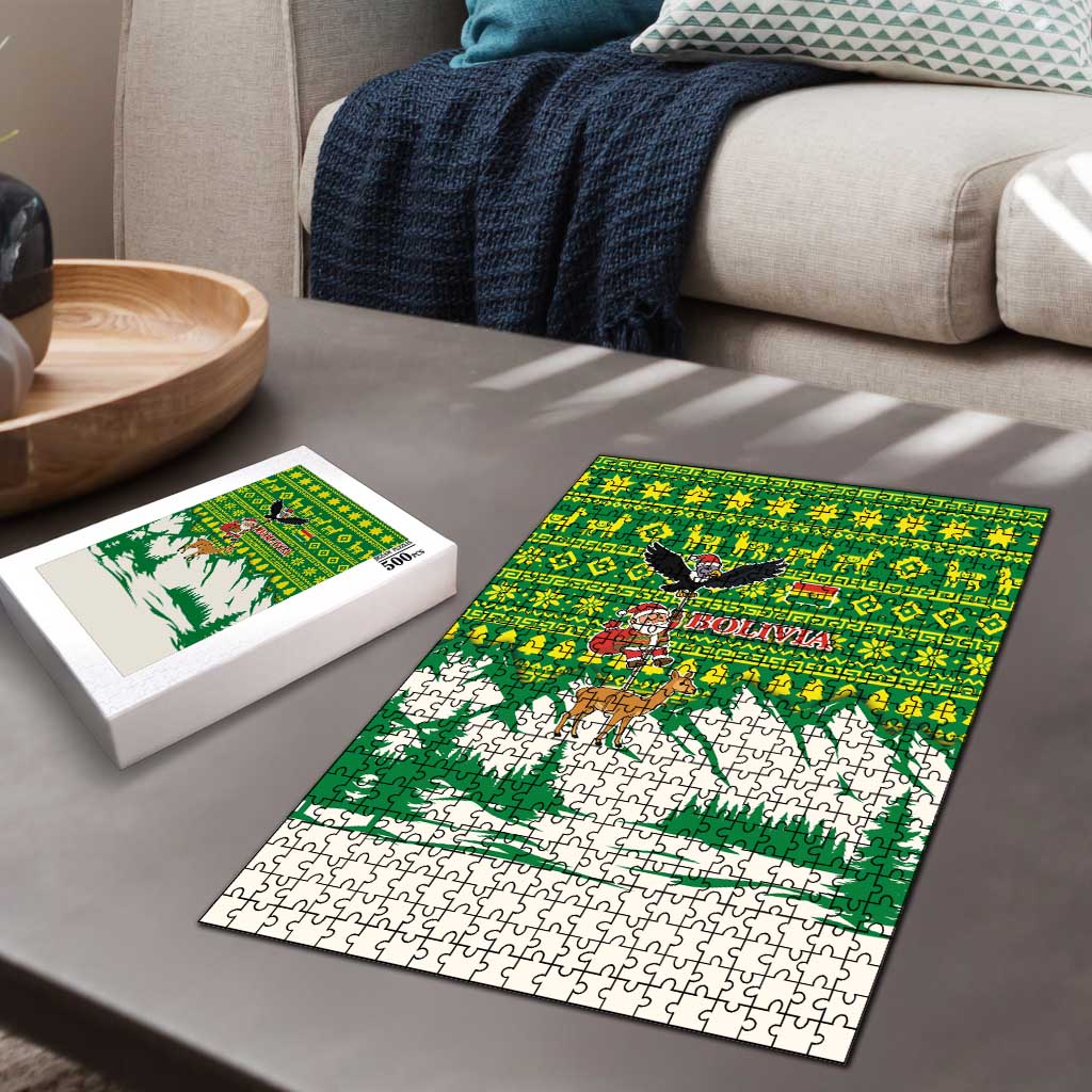 Bolivia Christmas Puzzle with Santa Claus Andean Deer Condor and Traditional Pattern Design - Wonder Print Shop