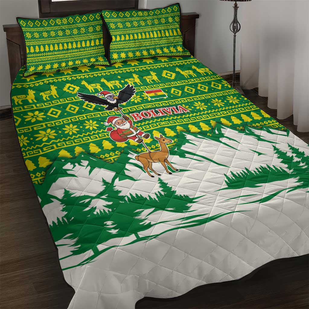 Bolivia Christmas Quilt Bed Set with Santa Claus Andean Deer Condor and Traditional Pattern Design - Wonder Print Shop