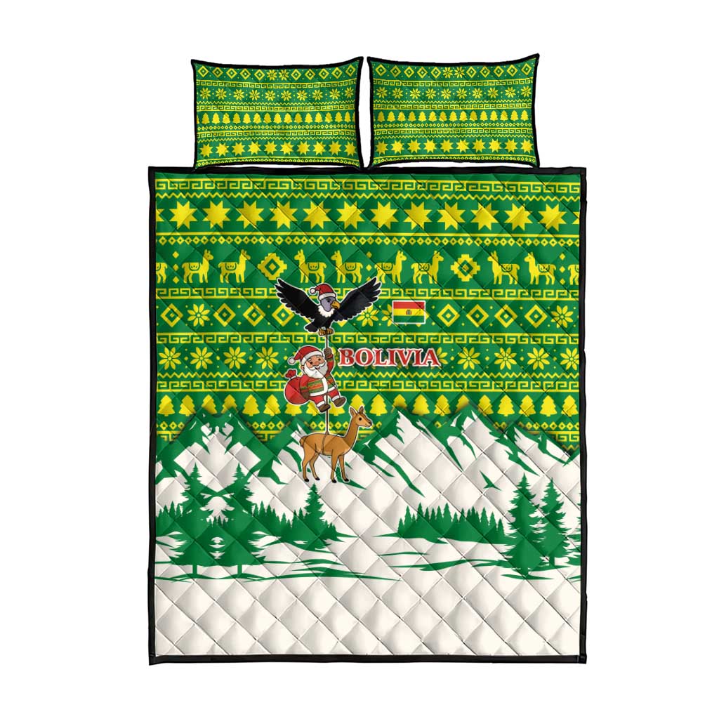 Bolivia Christmas Quilt Bed Set with Santa Claus Andean Deer Condor and Traditional Pattern Design - Wonder Print Shop