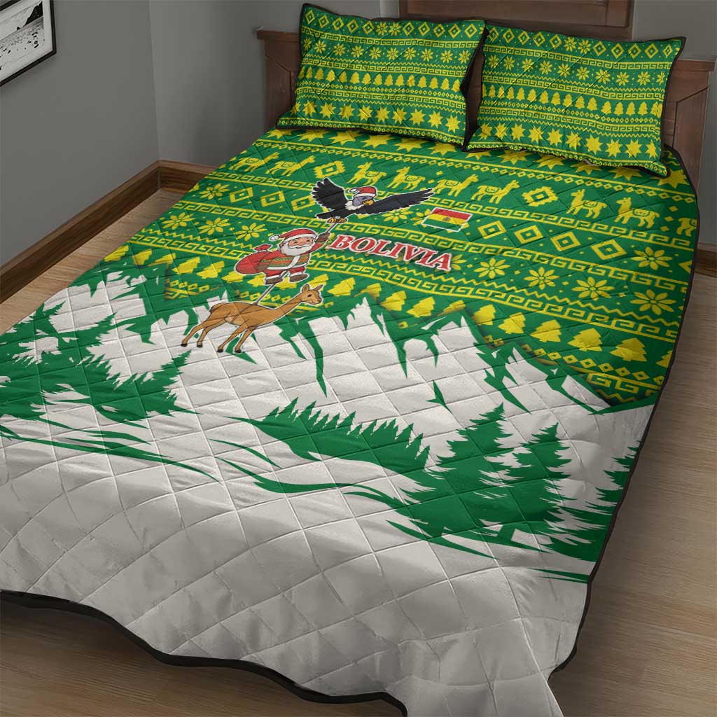 Bolivia Christmas Quilt Bed Set with Santa Claus Andean Deer Condor and Traditional Pattern Design - Wonder Print Shop