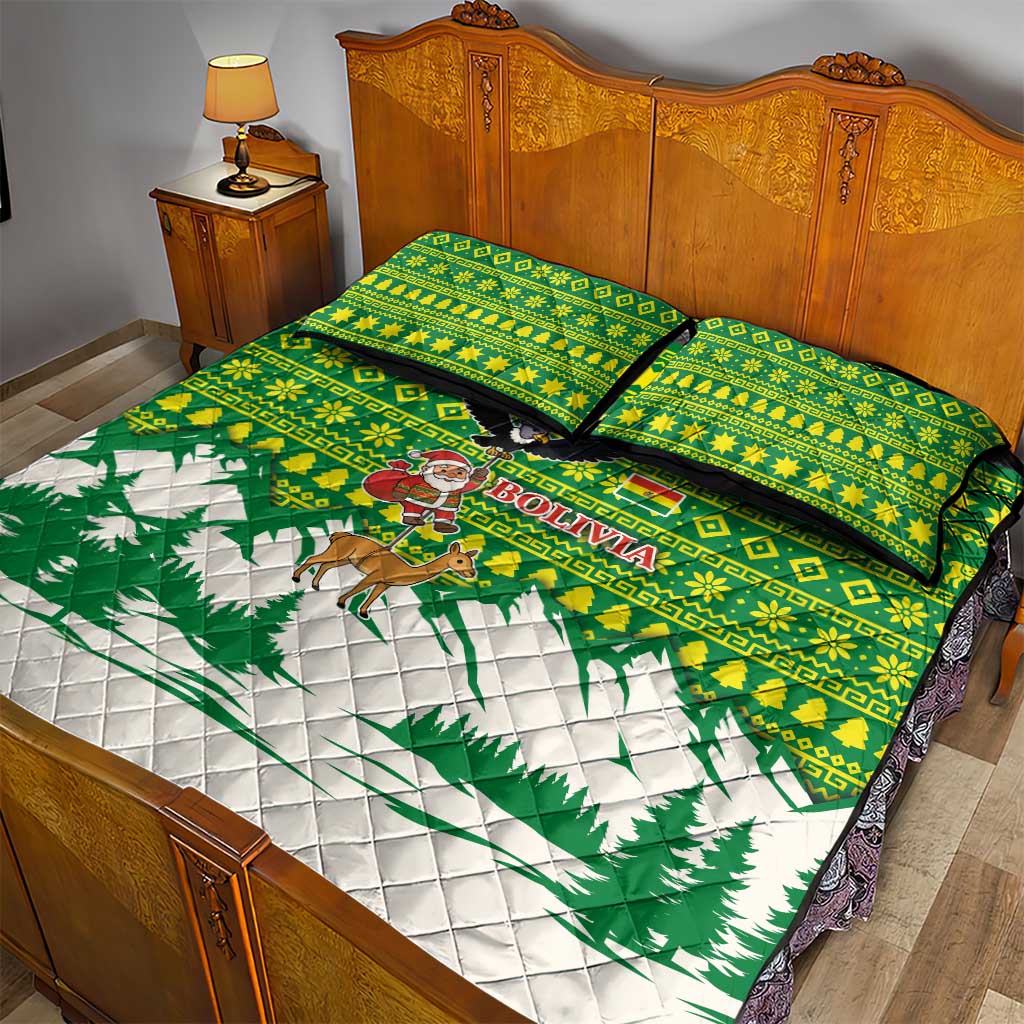 Bolivia Christmas Quilt Bed Set with Santa Claus Andean Deer Condor and Traditional Pattern Design - Wonder Print Shop