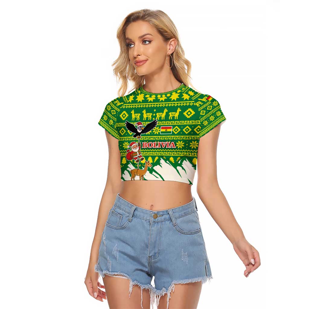 Bolivia Christmas Raglan Cropped T Shirt with Santa Claus Andean Deer Condor and Traditional Pattern Design - Wonder Print Shop