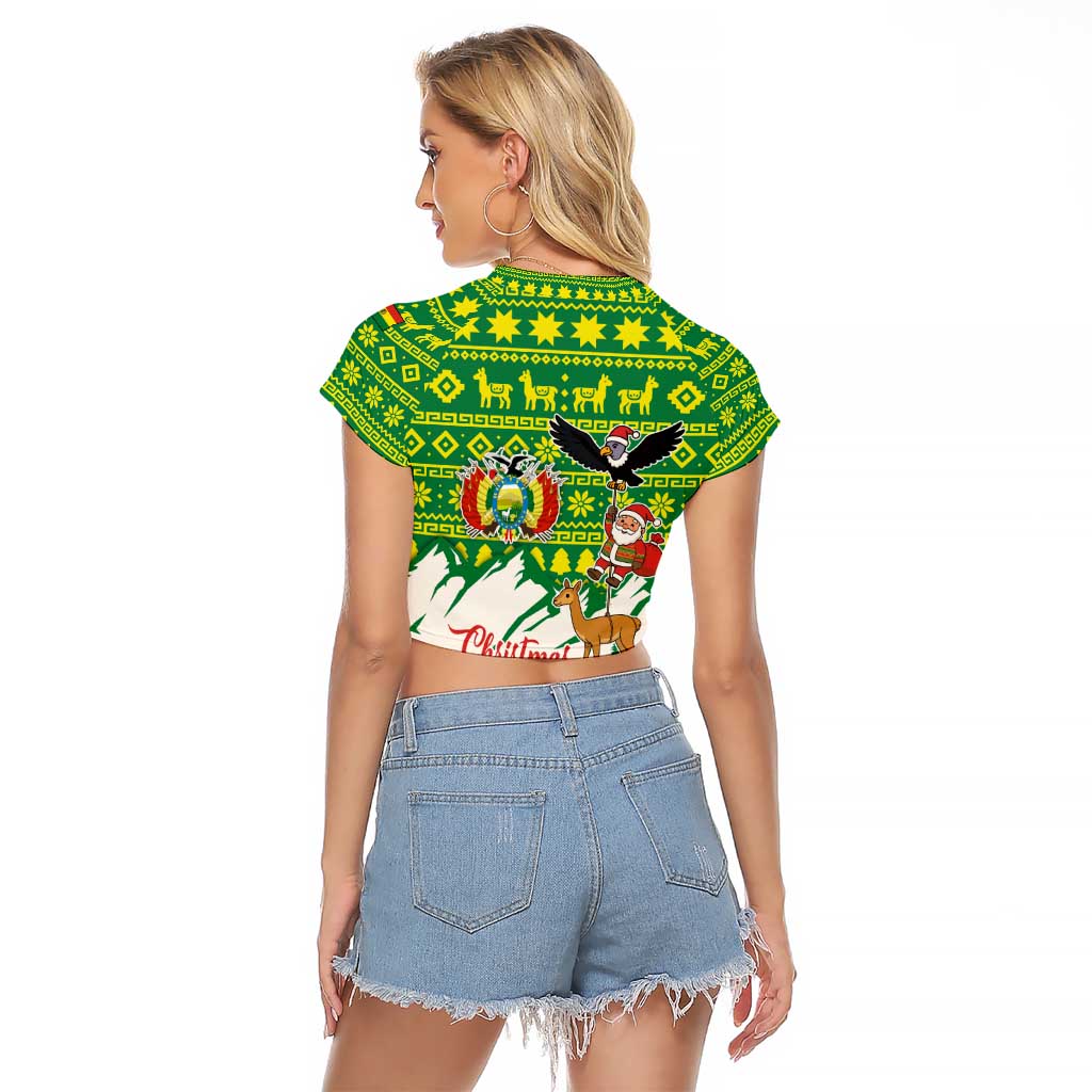 Bolivia Christmas Raglan Cropped T Shirt with Santa Claus Andean Deer Condor and Traditional Pattern Design - Wonder Print Shop