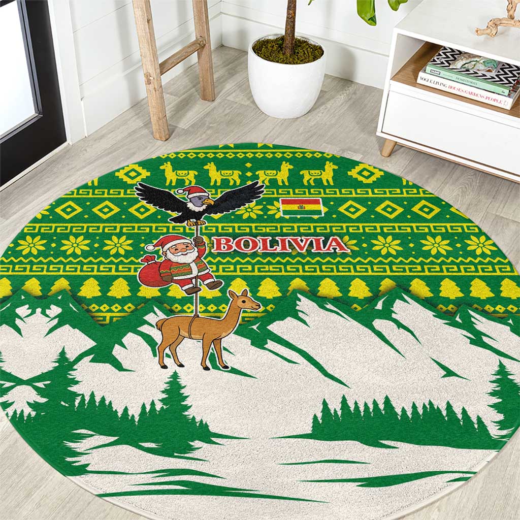 Bolivia Christmas Round Carpet with Santa Claus Andean Deer Condor and Traditional Pattern Design - Wonder Print Shop
