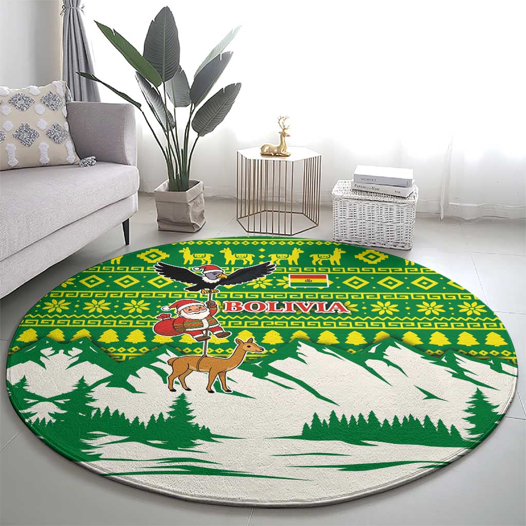 Bolivia Christmas Round Carpet with Santa Claus Andean Deer Condor and Traditional Pattern Design - Wonder Print Shop