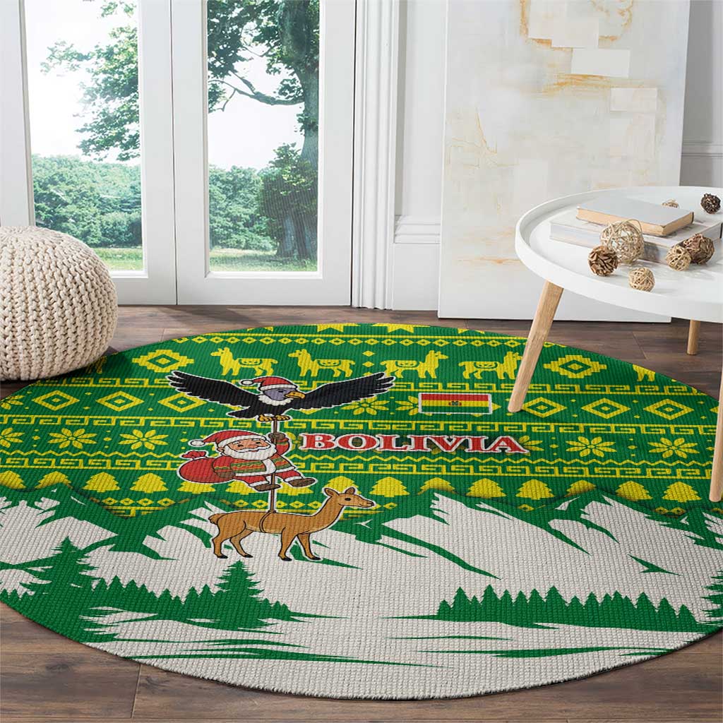 Bolivia Christmas Round Carpet with Santa Claus Andean Deer Condor and Traditional Pattern Design - Wonder Print Shop