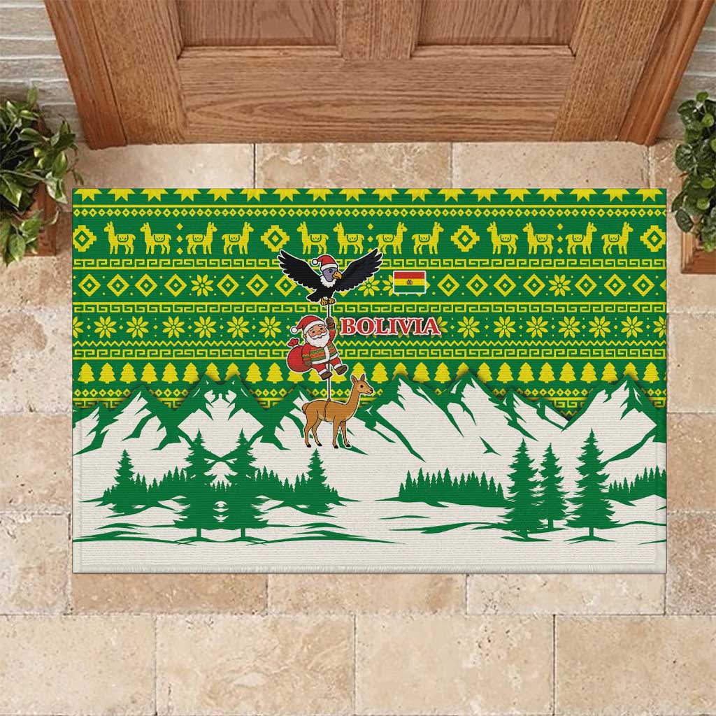 Bolivia Christmas Rubber Doormat with Santa Claus Andean Deer Condor and Traditional Pattern Design - Wonder Print Shop