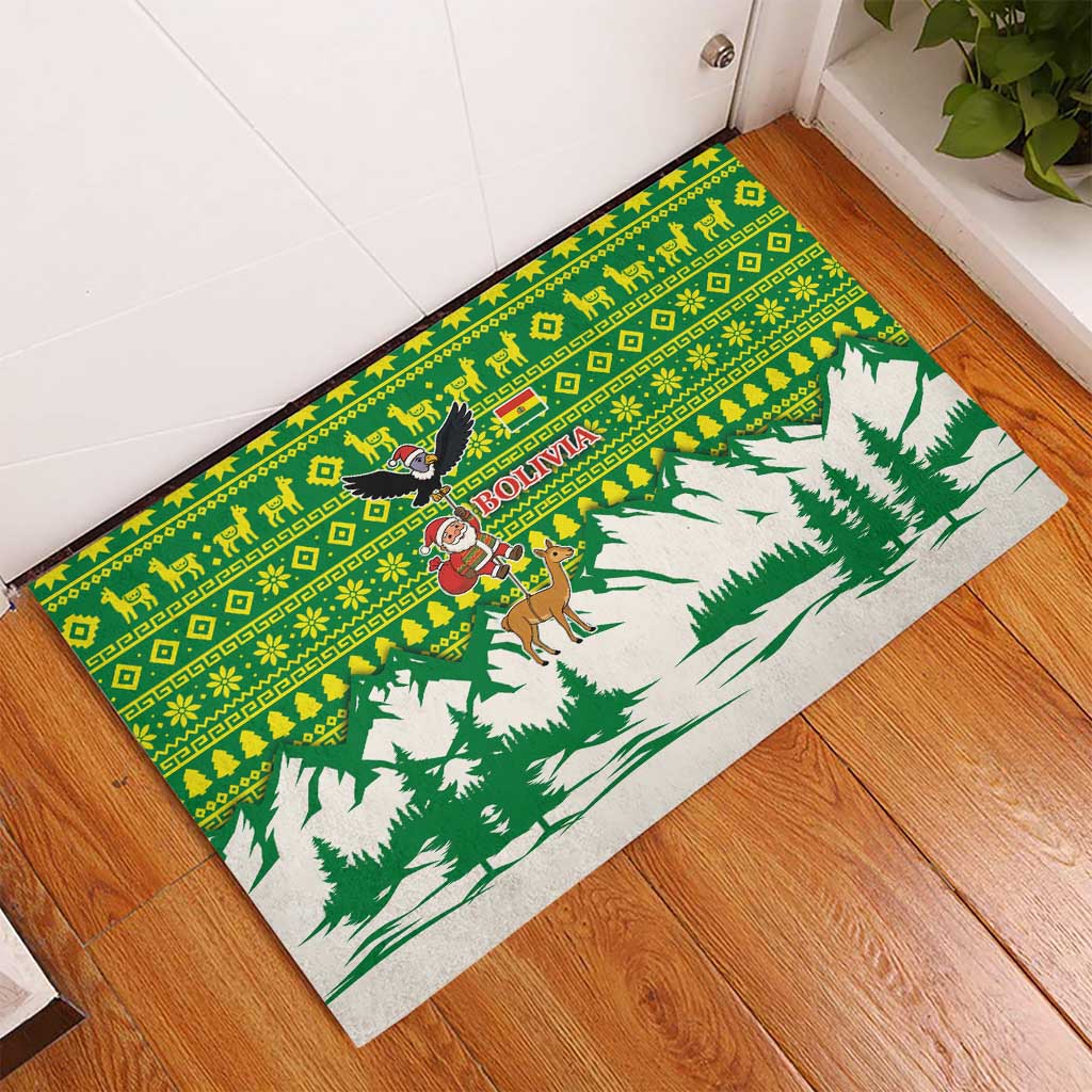 Bolivia Christmas Rubber Doormat with Santa Claus Andean Deer Condor and Traditional Pattern Design - Wonder Print Shop