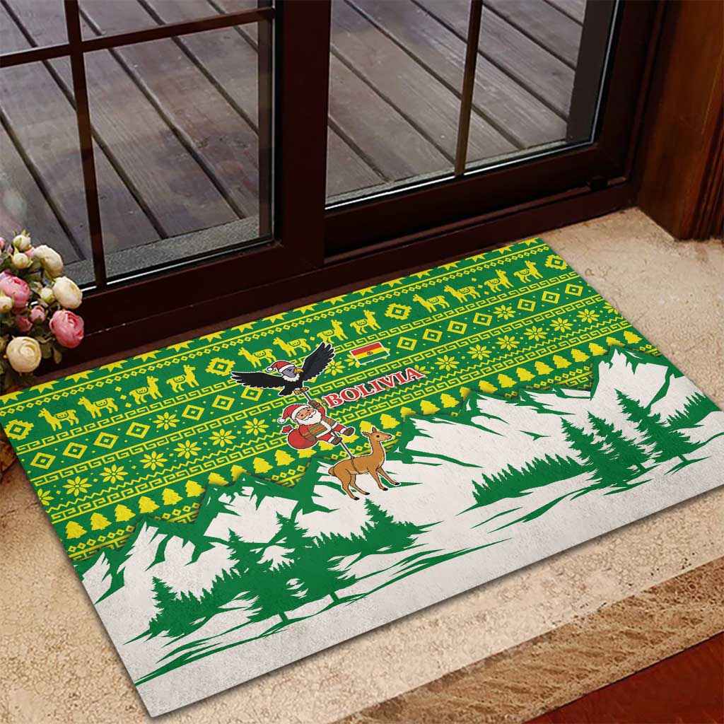Bolivia Christmas Rubber Doormat with Santa Claus Andean Deer Condor and Traditional Pattern Design - Wonder Print Shop