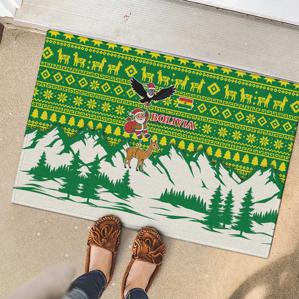 Bolivia Christmas Rubber Doormat with Santa Claus Andean Deer Condor and Traditional Pattern Design - Wonder Print Shop