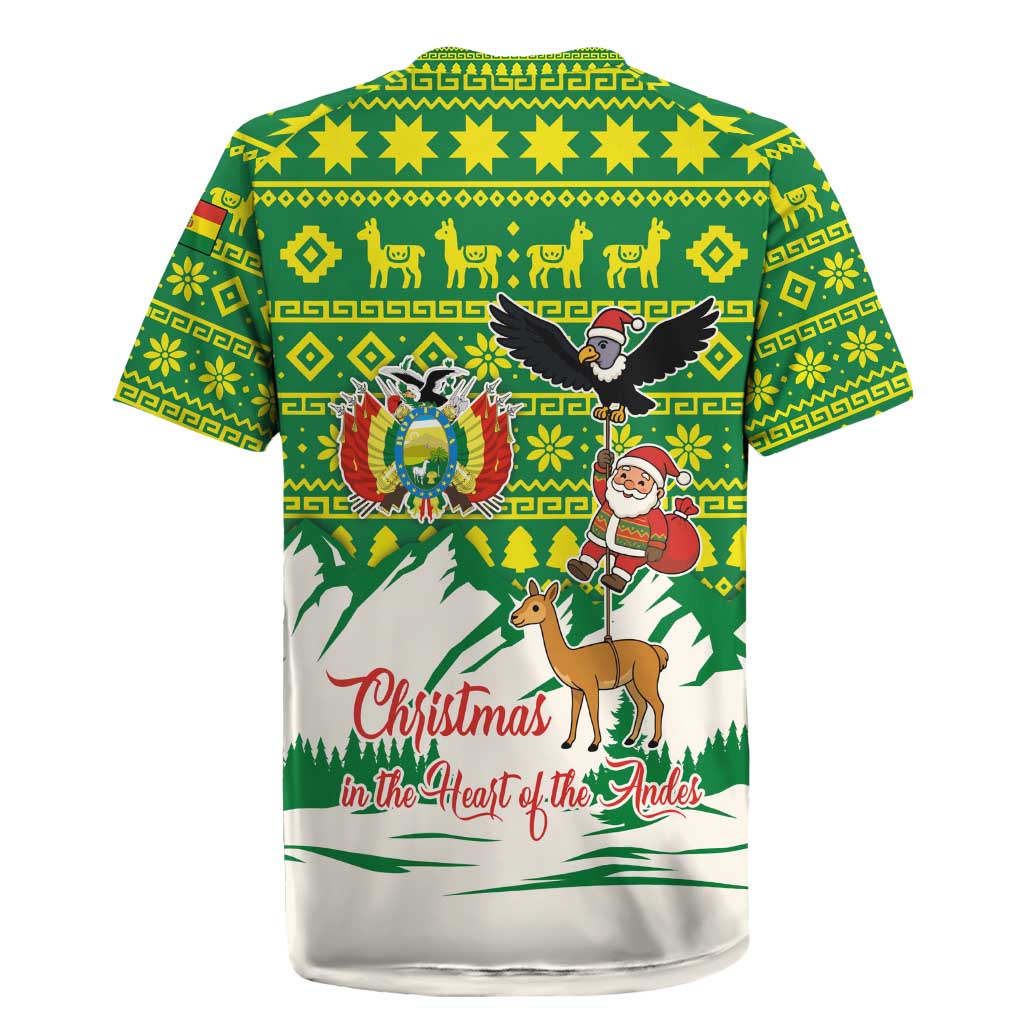 Bolivia Christmas Rugby Jersey with Santa Claus Andean Deer Condor and Traditional Pattern Design - Wonder Print Shop