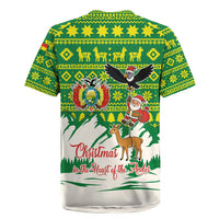 Bolivia Christmas Rugby Jersey with Santa Claus Andean Deer Condor and Traditional Pattern Design - Wonder Print Shop