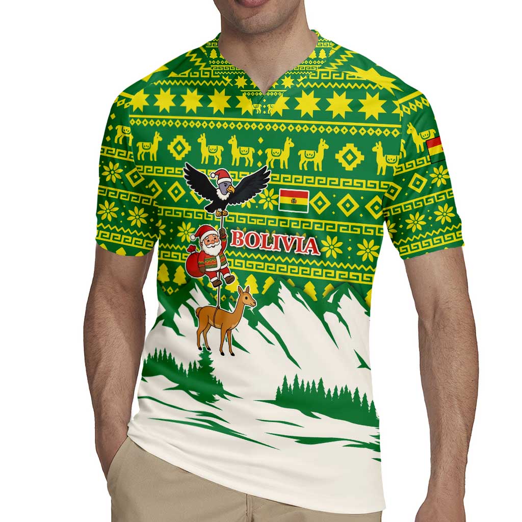 Bolivia Christmas Rugby Jersey with Santa Claus Andean Deer Condor and Traditional Pattern Design - Wonder Print Shop