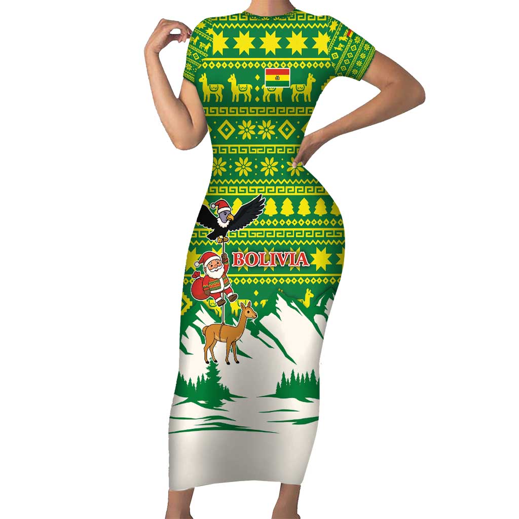 Bolivia Christmas Short Sleeve Bodycon Dress with Santa Claus Andean Deer Condor and Traditional Pattern Design - Wonder Print Shop