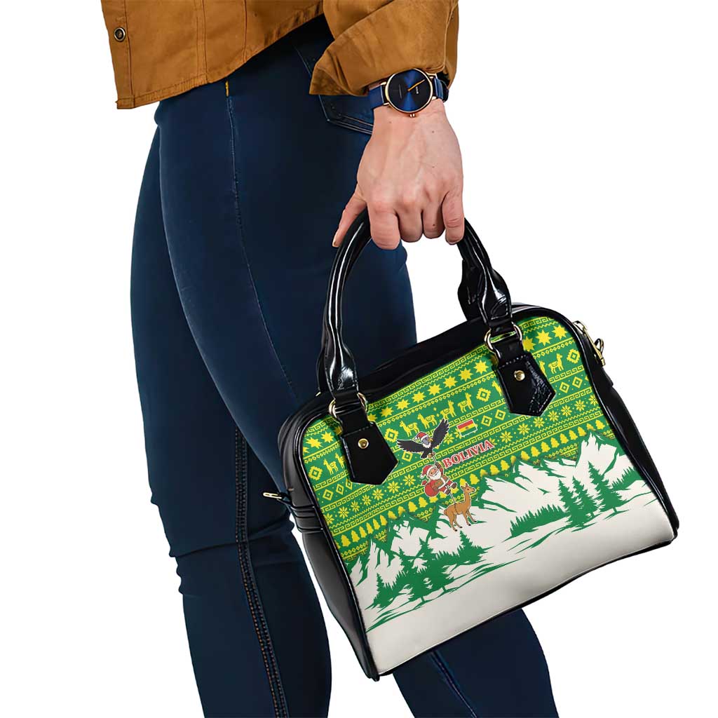 Bolivia Christmas Shoulder Handbag with Santa Claus Andean Deer Condor and Traditional Pattern Design - Wonder Print Shop
