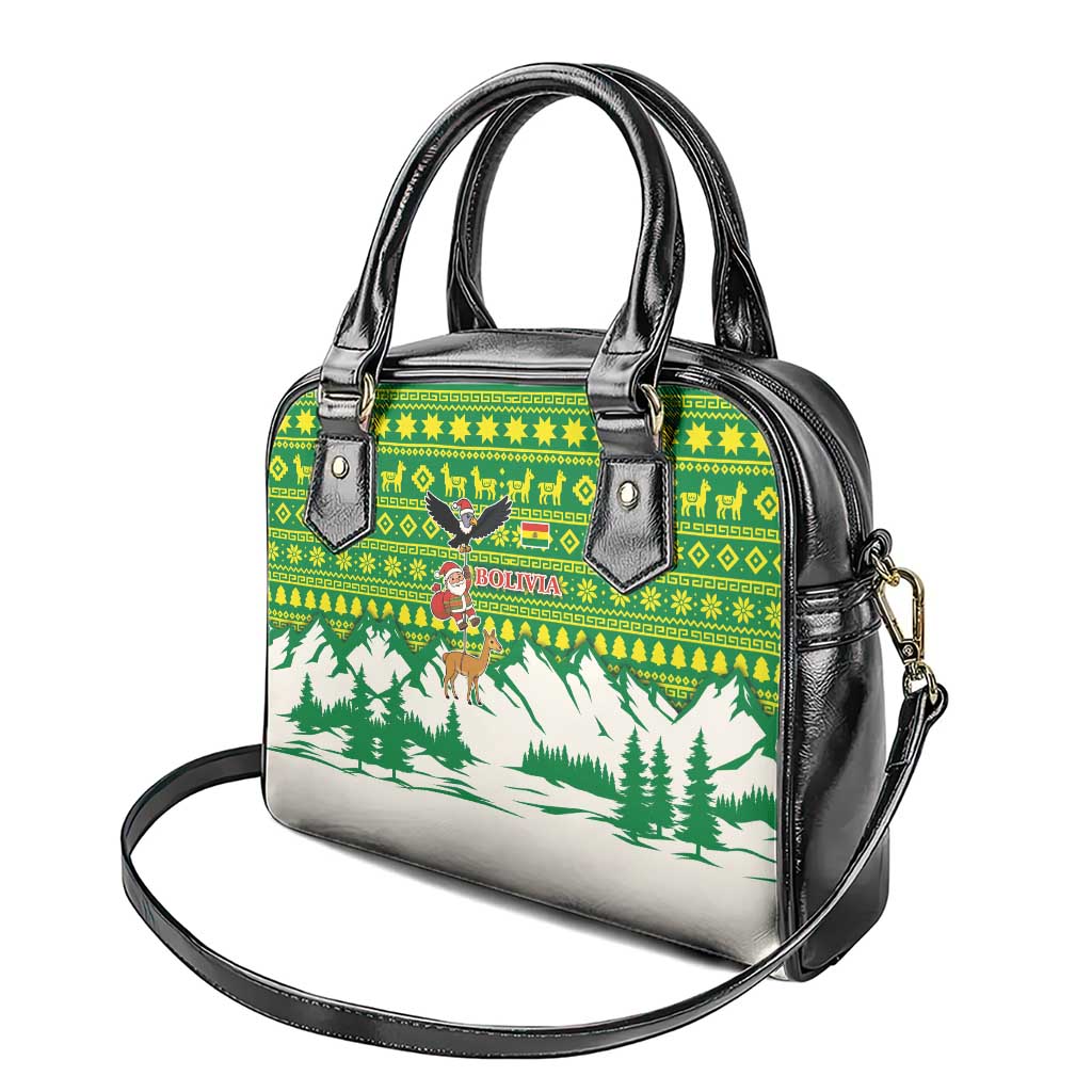 Bolivia Christmas Shoulder Handbag with Santa Claus Andean Deer Condor and Traditional Pattern Design - Wonder Print Shop