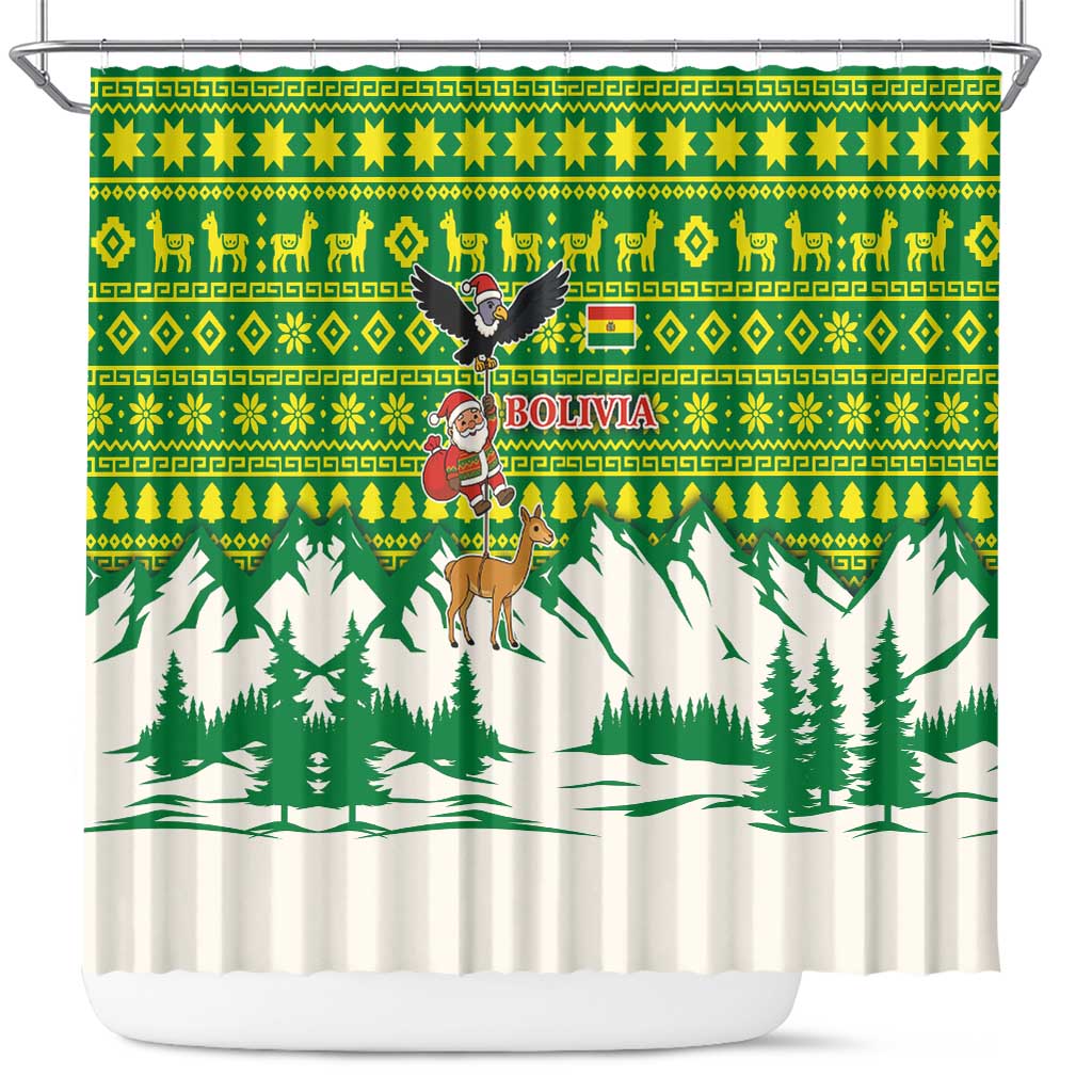 Bolivia Christmas Shower Curtain with Santa Claus Andean Deer Condor and Traditional Pattern Design - Wonder Print Shop