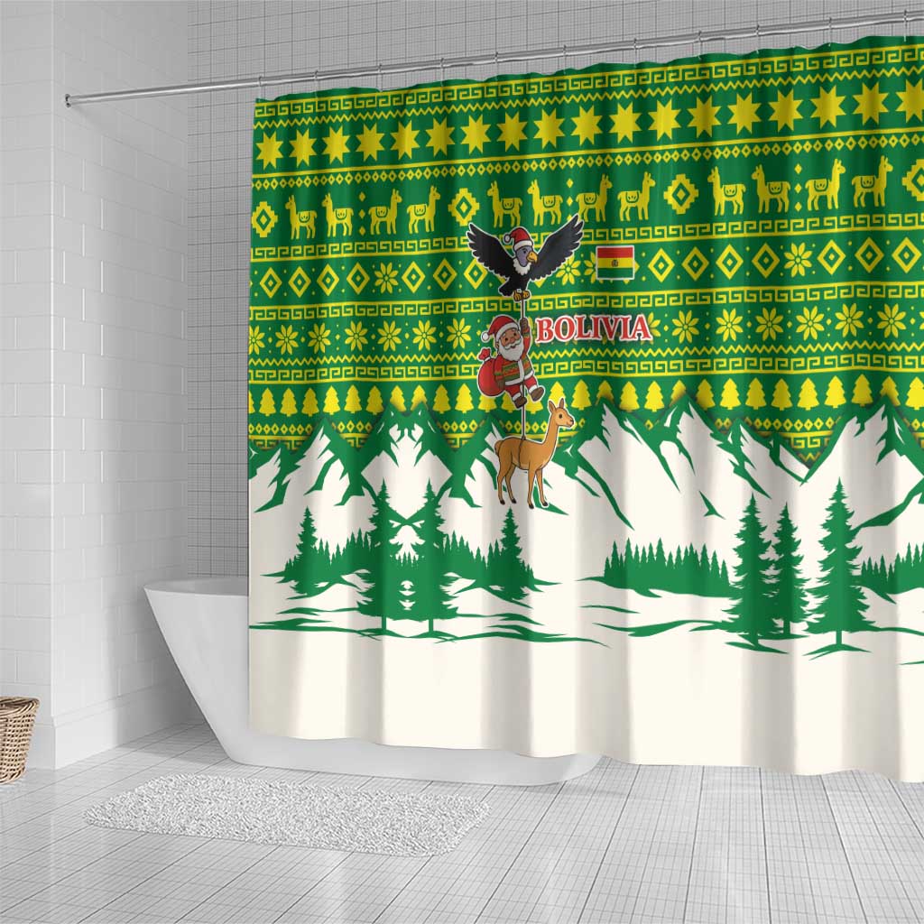 Bolivia Christmas Shower Curtain with Santa Claus Andean Deer Condor and Traditional Pattern Design - Wonder Print Shop