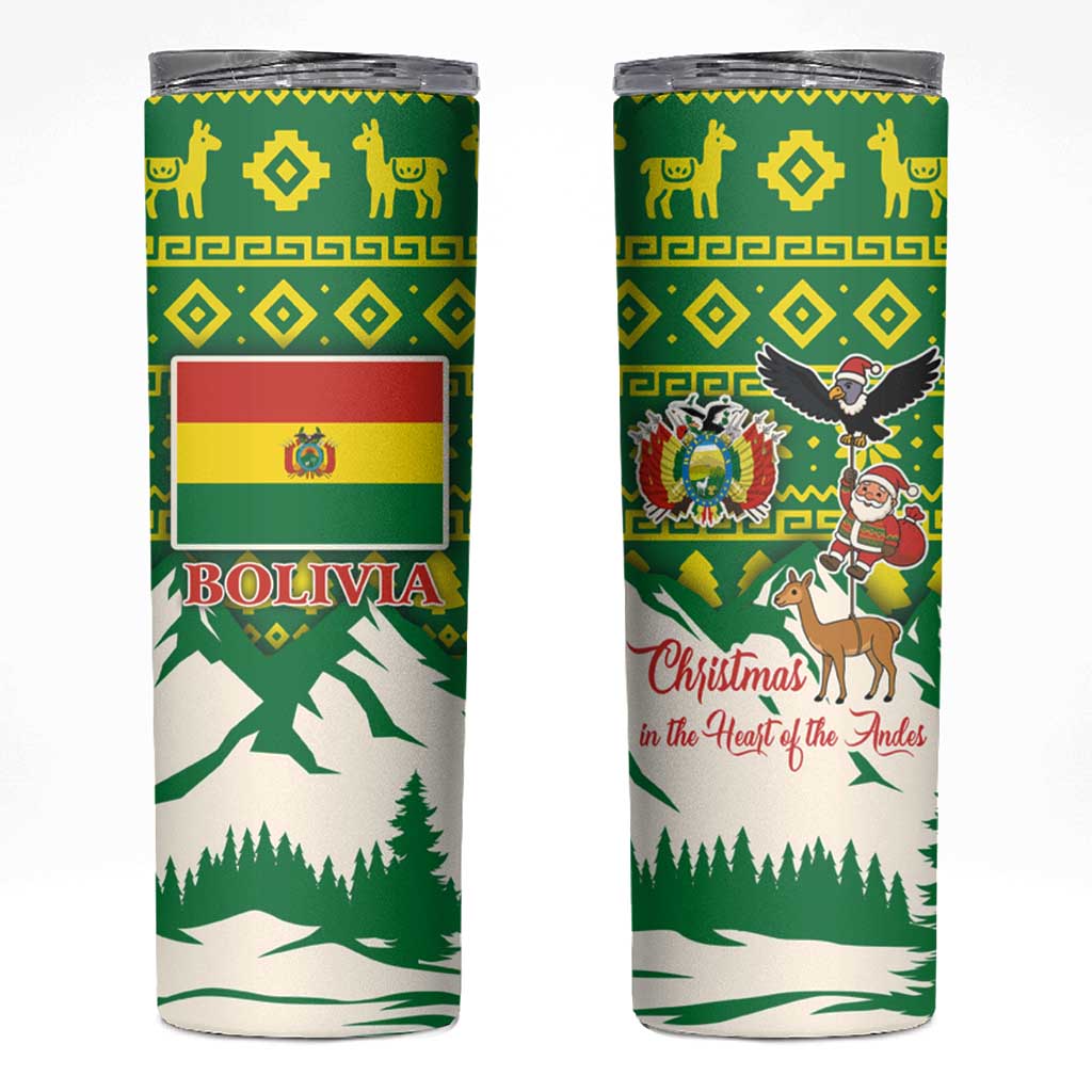 Bolivia Christmas Skinny Tumbler with Santa Claus Andean Deer Condor and Traditional Pattern Design - Wonder Print Shop