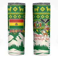 Bolivia Christmas Skinny Tumbler with Santa Claus Andean Deer Condor and Traditional Pattern Design - Wonder Print Shop