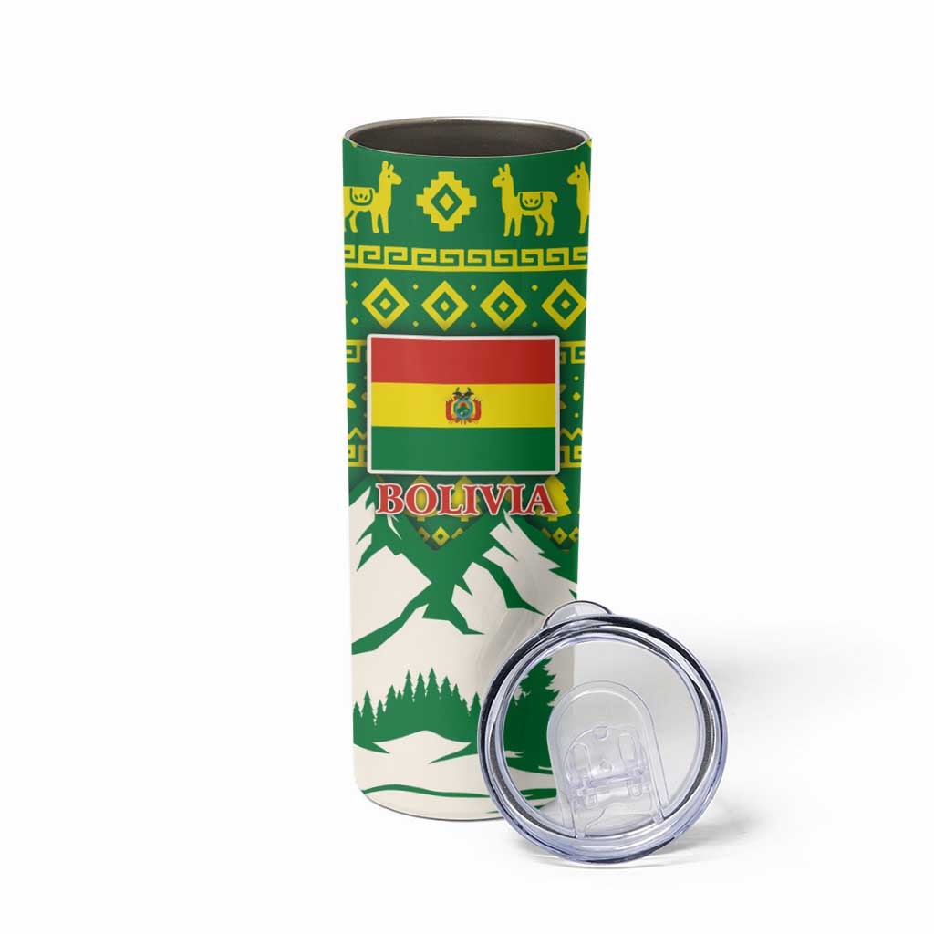 Bolivia Christmas Skinny Tumbler with Santa Claus Andean Deer Condor and Traditional Pattern Design - Wonder Print Shop