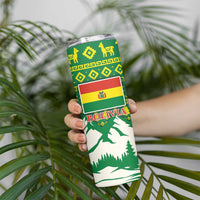 Bolivia Christmas Skinny Tumbler with Santa Claus Andean Deer Condor and Traditional Pattern Design - Wonder Print Shop