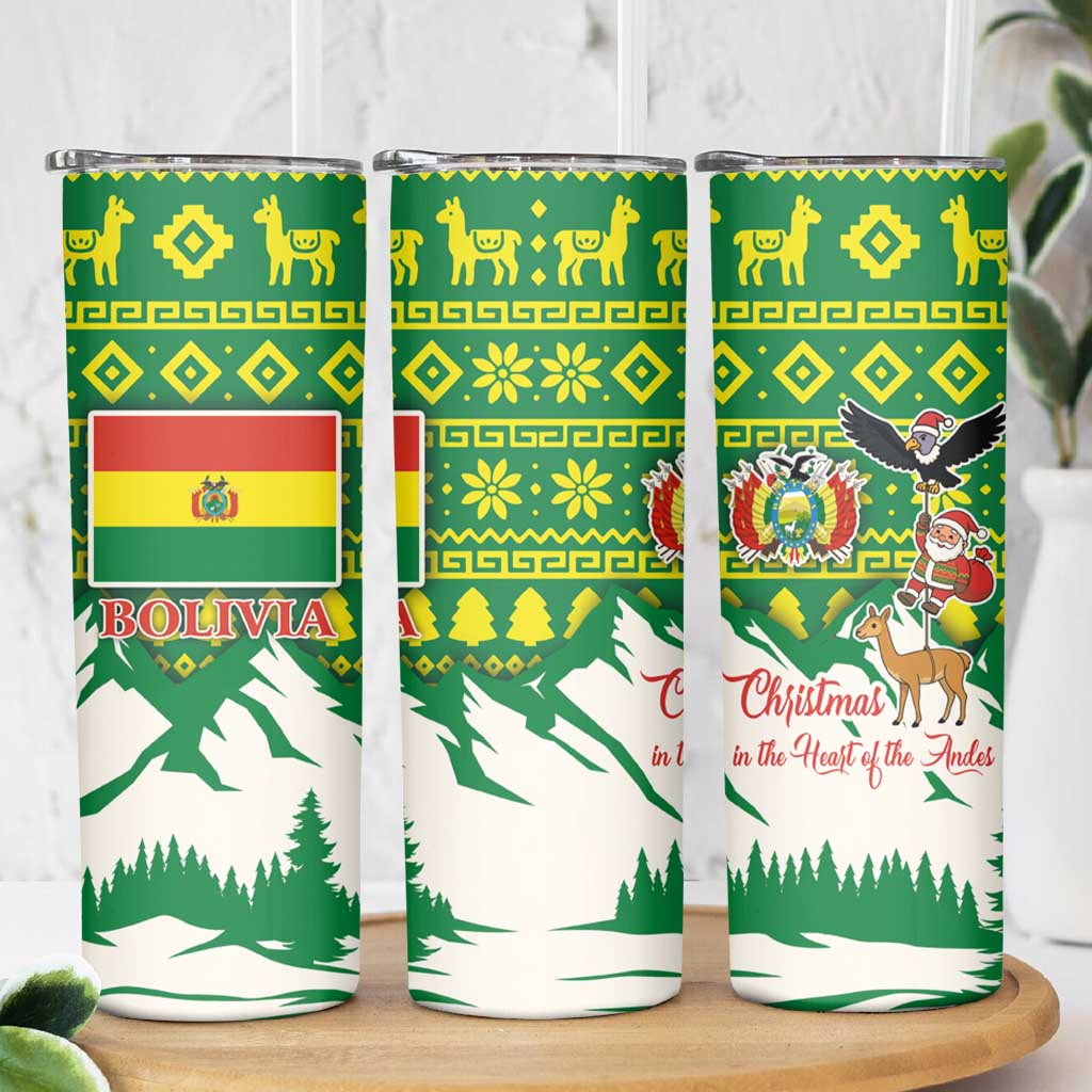 Bolivia Christmas Skinny Tumbler with Santa Claus Andean Deer Condor and Traditional Pattern Design - Wonder Print Shop