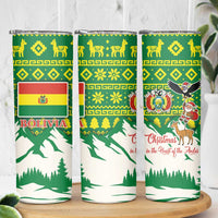 Bolivia Christmas Skinny Tumbler with Santa Claus Andean Deer Condor and Traditional Pattern Design - Wonder Print Shop