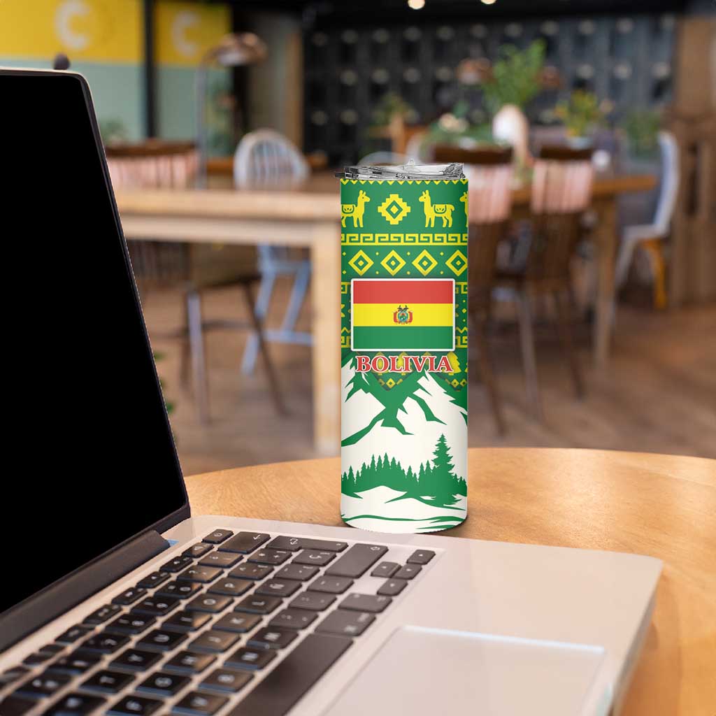 Bolivia Christmas Skinny Tumbler with Santa Claus Andean Deer Condor and Traditional Pattern Design - Wonder Print Shop