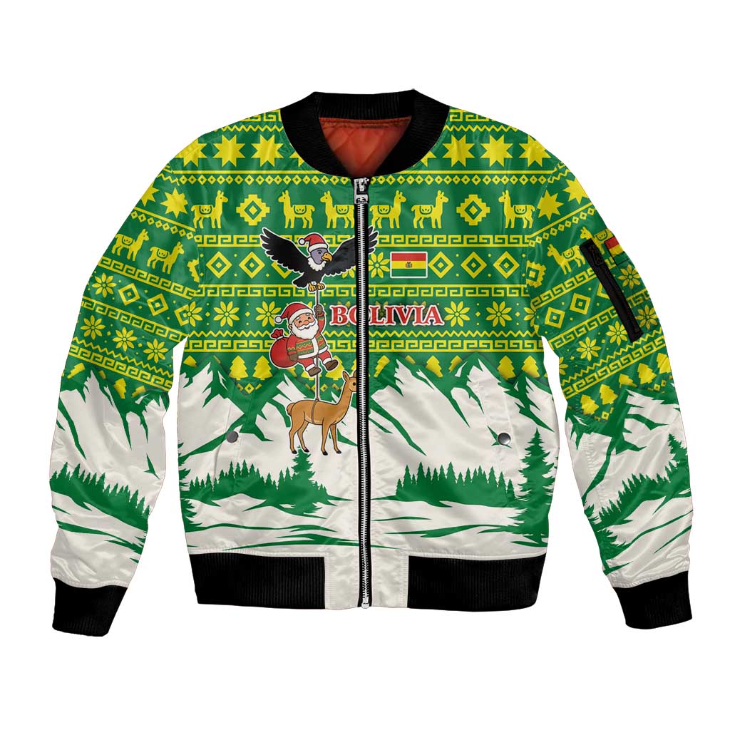 Bolivia Christmas Sleeve Zip Bomber Jacket with Santa Claus Andean Deer Condor and Traditional Pattern Design - Wonder Print Shop