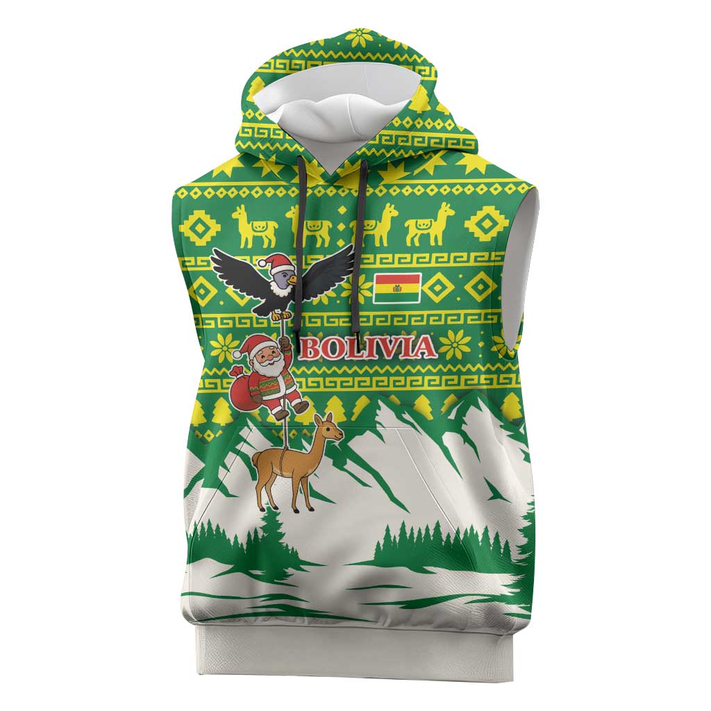 Bolivia Christmas Sleeveless Hoodie with Santa Claus Andean Deer Condor and Traditional Pattern Design - Wonder Print Shop