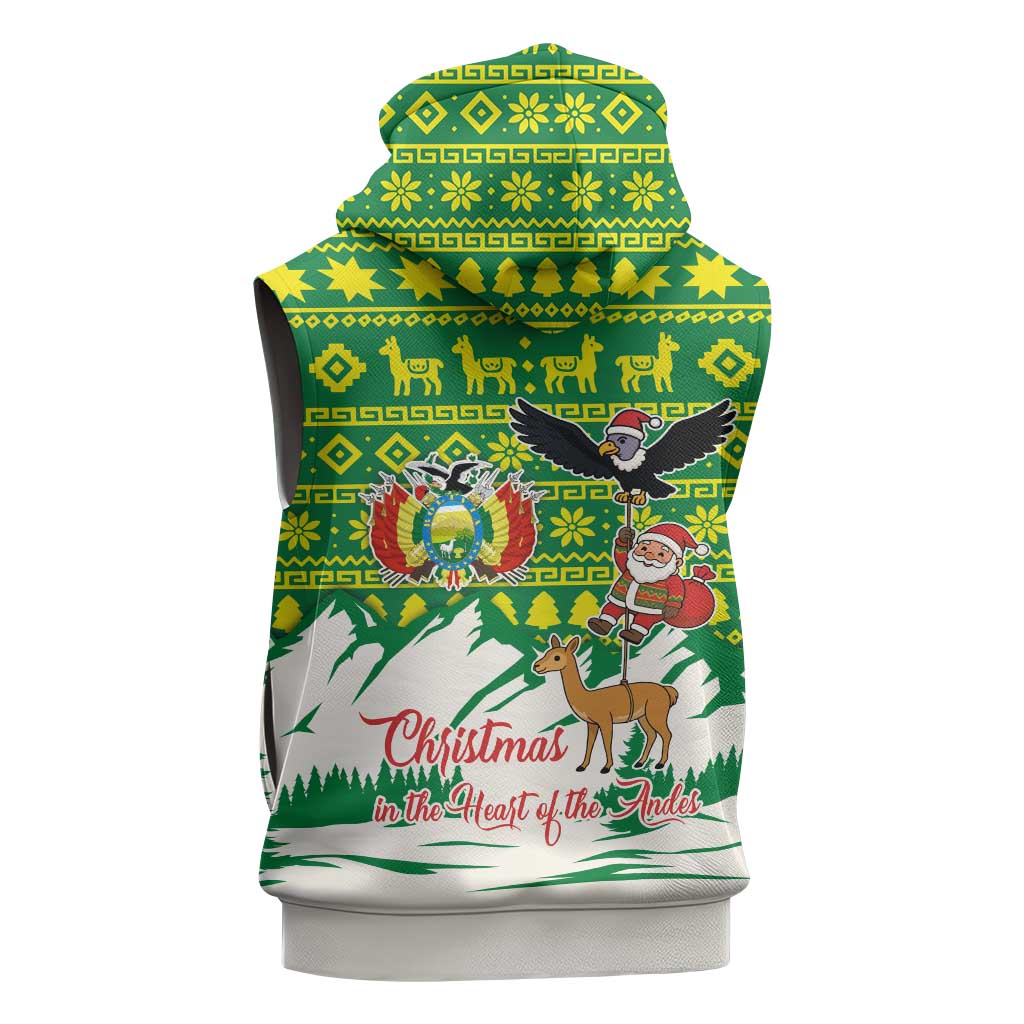 Bolivia Christmas Sleeveless Hoodie with Santa Claus Andean Deer Condor and Traditional Pattern Design - Wonder Print Shop