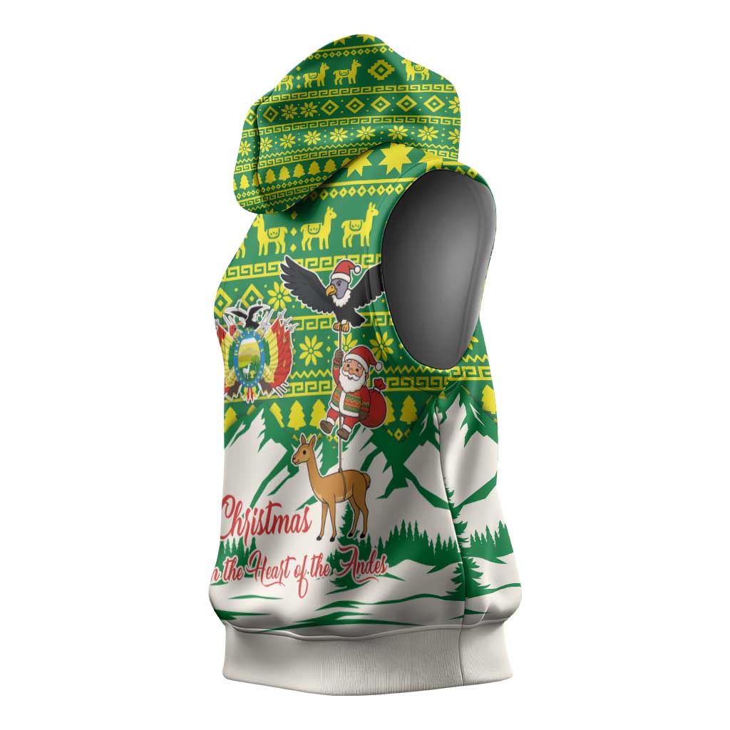 Bolivia Christmas Sleeveless Hoodie with Santa Claus Andean Deer Condor and Traditional Pattern Design - Wonder Print Shop