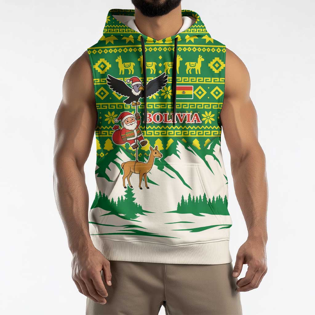Bolivia Christmas Sleeveless Hoodie with Santa Claus Andean Deer Condor and Traditional Pattern Design - Wonder Print Shop
