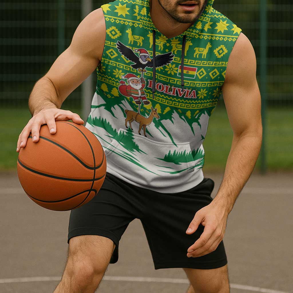 Bolivia Christmas Sleeveless Hoodie with Santa Claus Andean Deer Condor and Traditional Pattern Design - Wonder Print Shop