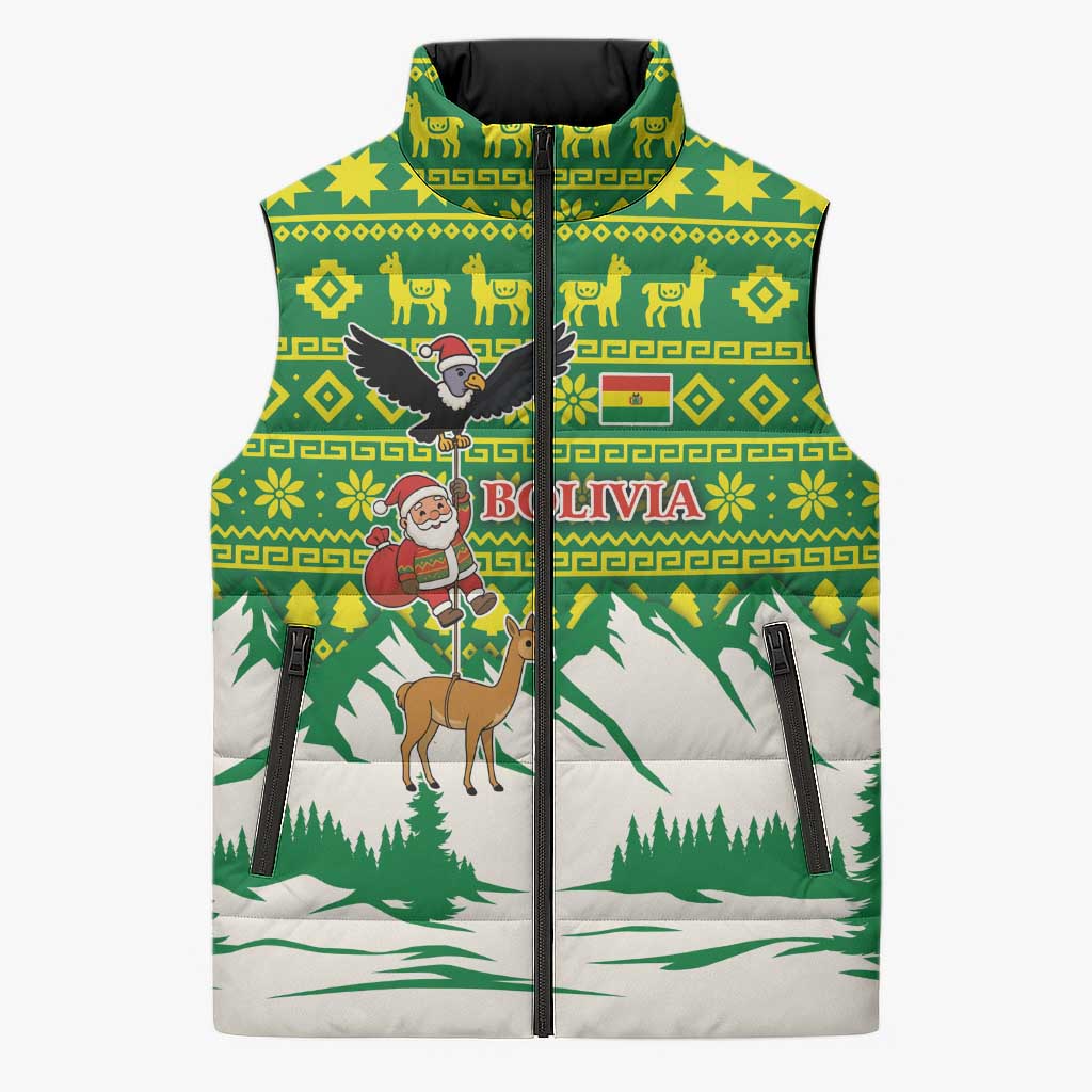 Bolivia Christmas Sleeveless Puffer Jacket with Santa Claus Andean Deer Condor and Traditional Pattern Design - Wonder Print Shop