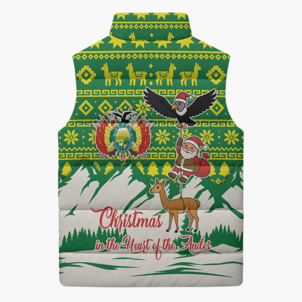 Bolivia Christmas Sleeveless Puffer Jacket with Santa Claus Andean Deer Condor and Traditional Pattern Design - Wonder Print Shop