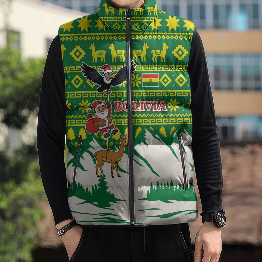 Bolivia Christmas Sleeveless Puffer Jacket with Santa Claus Andean Deer Condor and Traditional Pattern Design - Wonder Print Shop