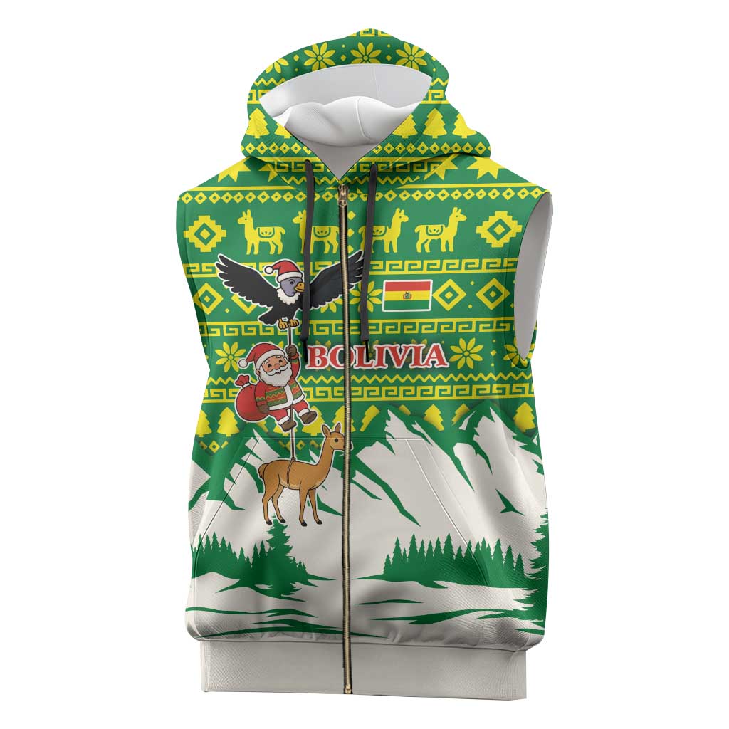 Bolivia Christmas Sleeveless Zip Hoodie with Santa Claus Andean Deer Condor and Traditional Pattern Design - Wonder Print Shop