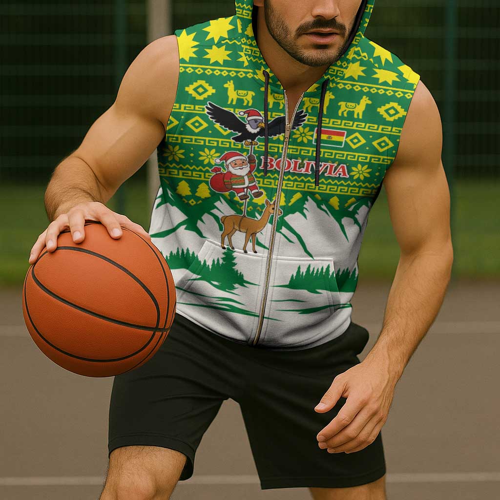 Bolivia Christmas Sleeveless Zip Hoodie with Santa Claus Andean Deer Condor and Traditional Pattern Design - Wonder Print Shop