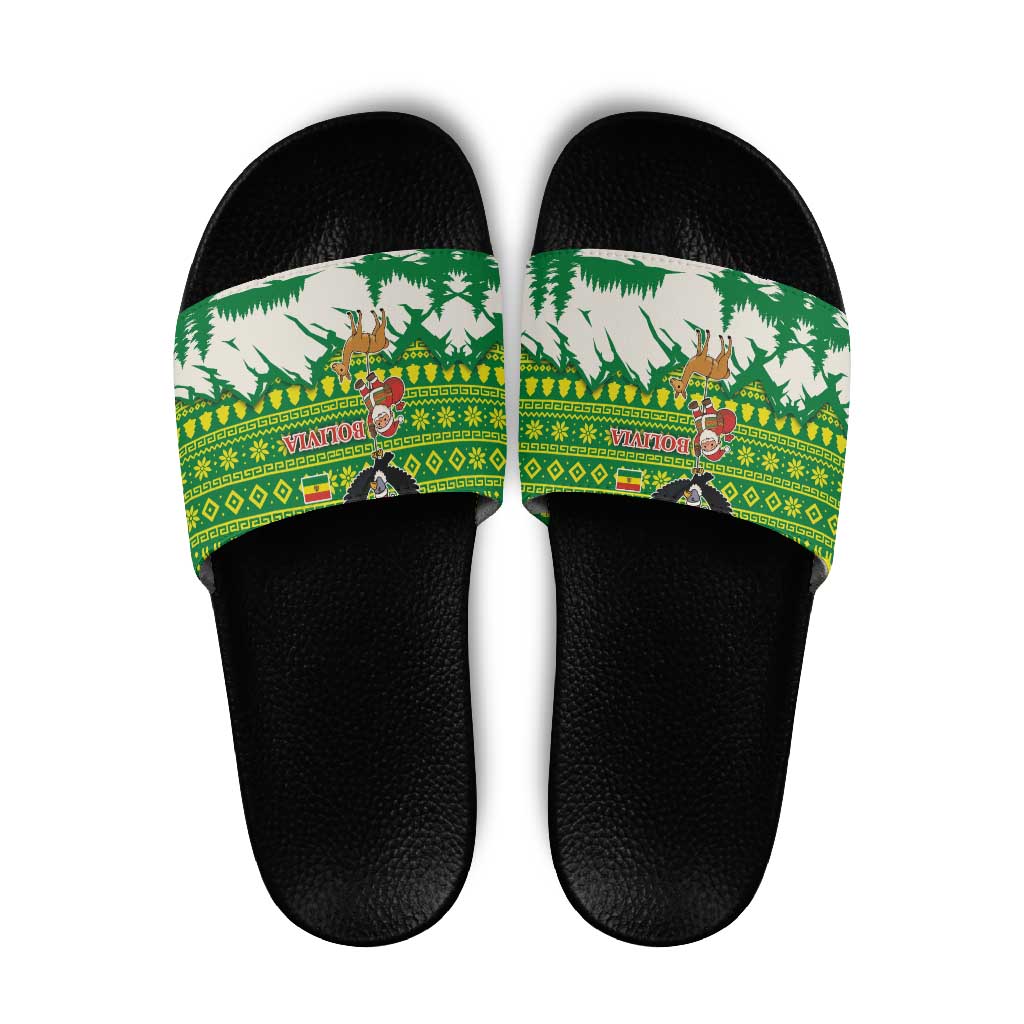 Bolivia Christmas Slide Sandals with Santa Claus Andean Deer Condor and Traditional Pattern Design - Wonder Print Shop