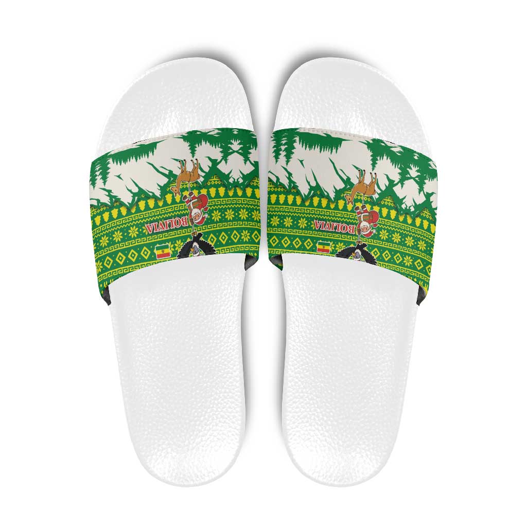 Bolivia Christmas Slide Sandals with Santa Claus Andean Deer Condor and Traditional Pattern Design - Wonder Print Shop