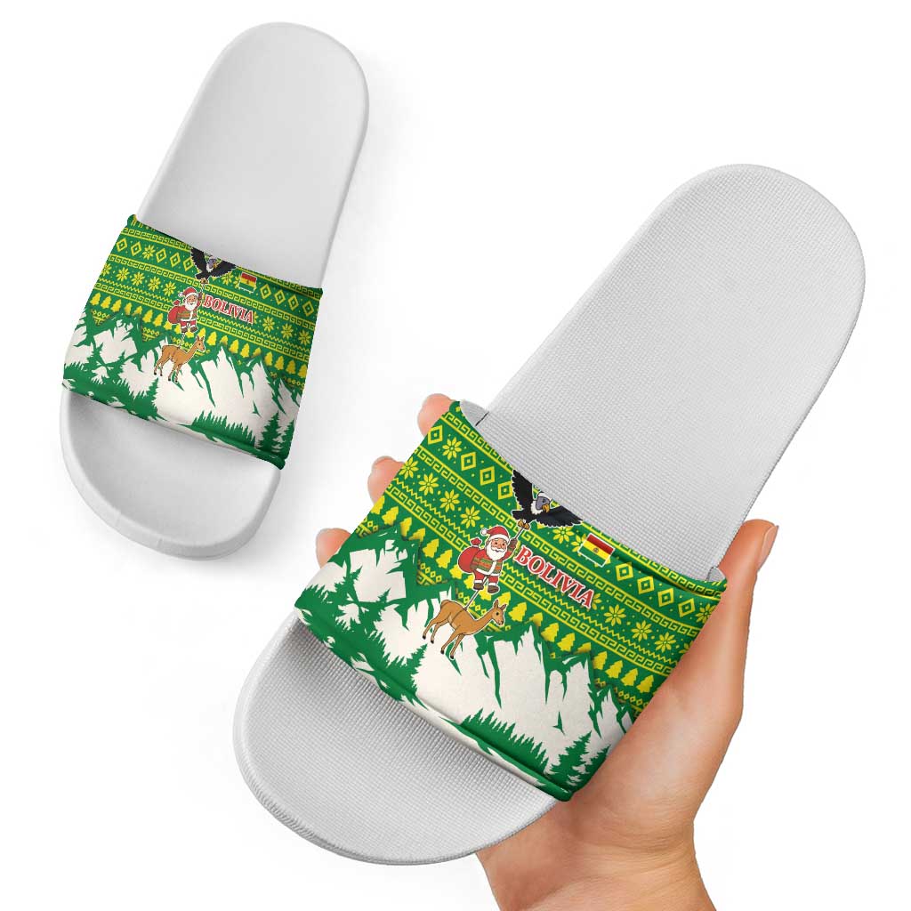 Bolivia Christmas Slide Sandals with Santa Claus Andean Deer Condor and Traditional Pattern Design - Wonder Print Shop