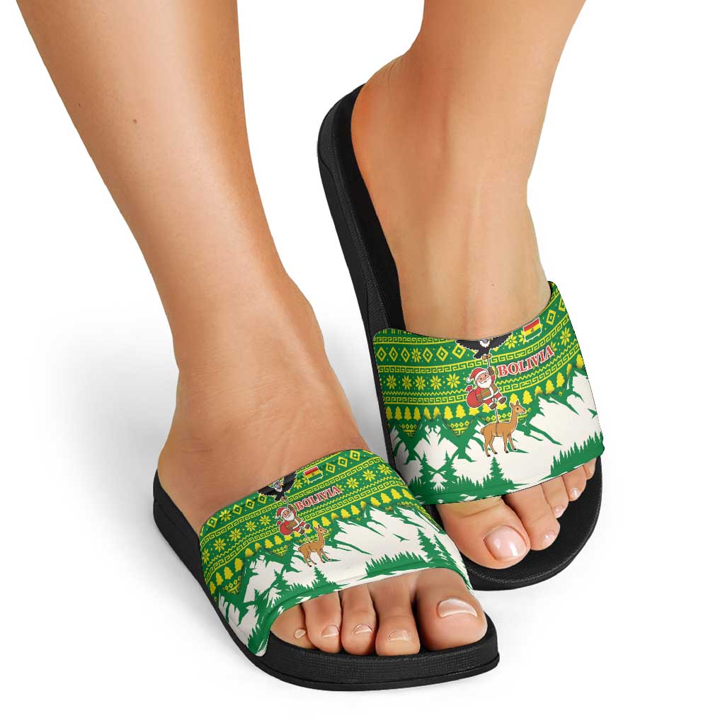 Bolivia Christmas Slide Sandals with Santa Claus Andean Deer Condor and Traditional Pattern Design - Wonder Print Shop