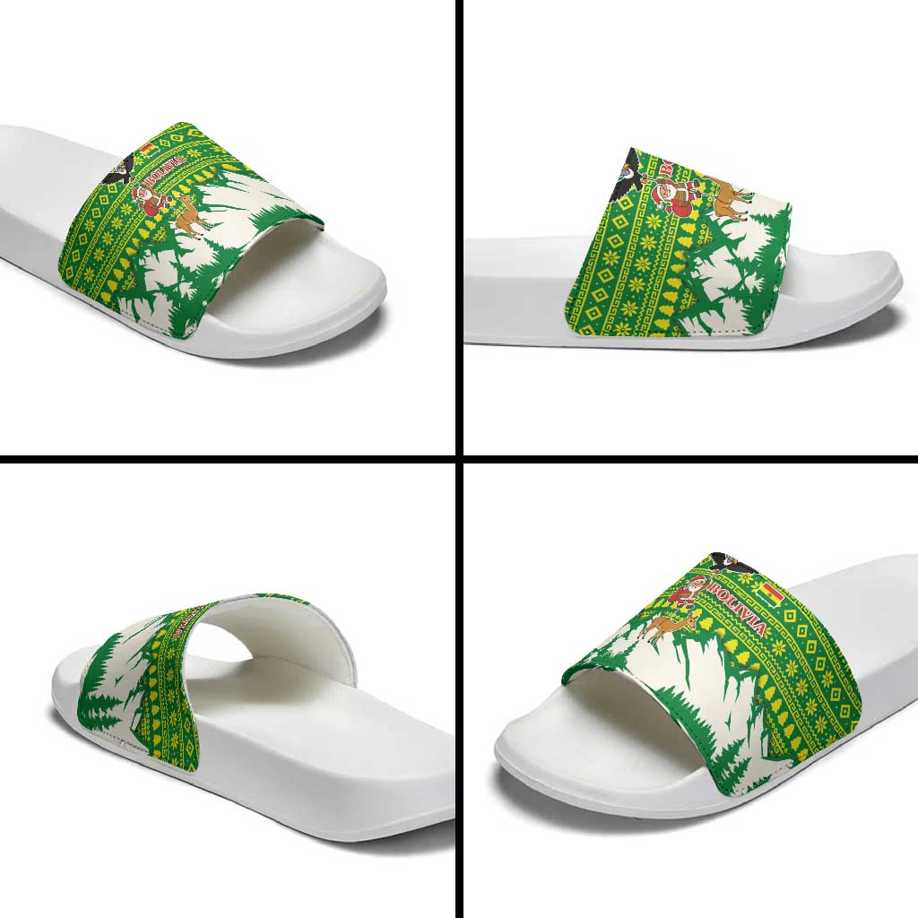 Bolivia Christmas Slide Sandals with Santa Claus Andean Deer Condor and Traditional Pattern Design - Wonder Print Shop