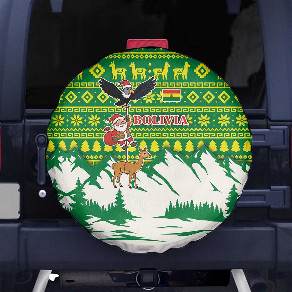 Bolivia Christmas Spare Tire Cover with Santa Claus Andean Deer Condor and Traditional Pattern Design - Wonder Print Shop
