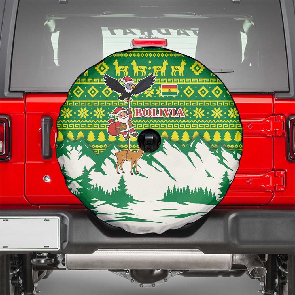 Bolivia Christmas Spare Tire Cover with Santa Claus Andean Deer Condor and Traditional Pattern Design - Wonder Print Shop