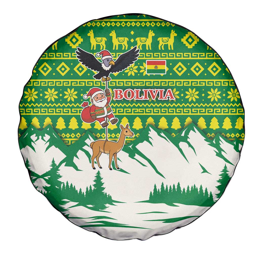 Bolivia Christmas Spare Tire Cover with Santa Claus Andean Deer Condor and Traditional Pattern Design - Wonder Print Shop