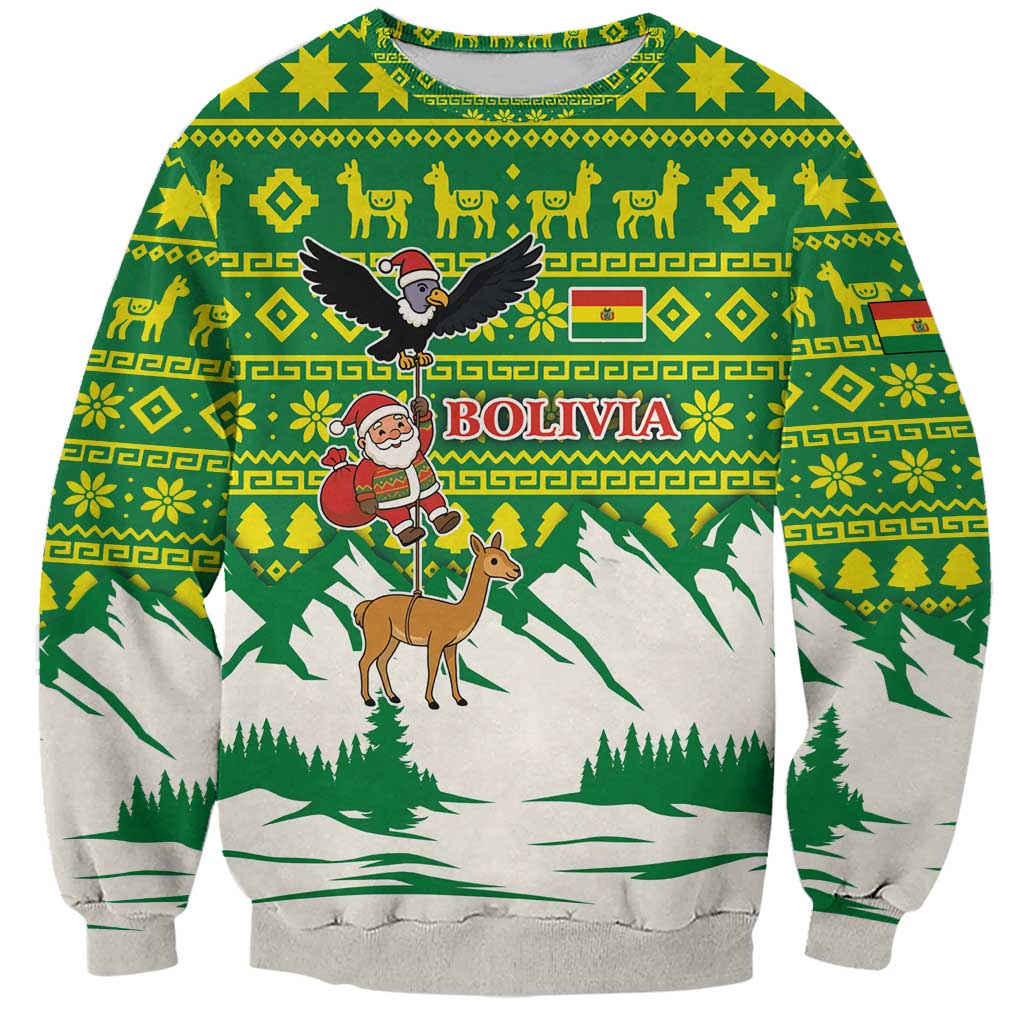 Bolivia Christmas Sweatshirt with Santa Claus Andean Deer Condor and Traditional Pattern Design - Wonder Print Shop