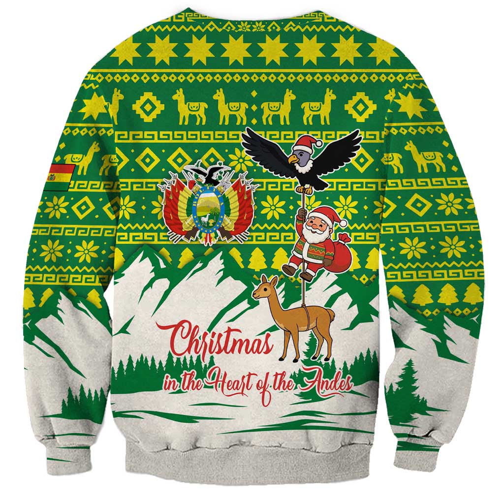 Bolivia Christmas Sweatshirt with Santa Claus Andean Deer Condor and Traditional Pattern Design - Wonder Print Shop